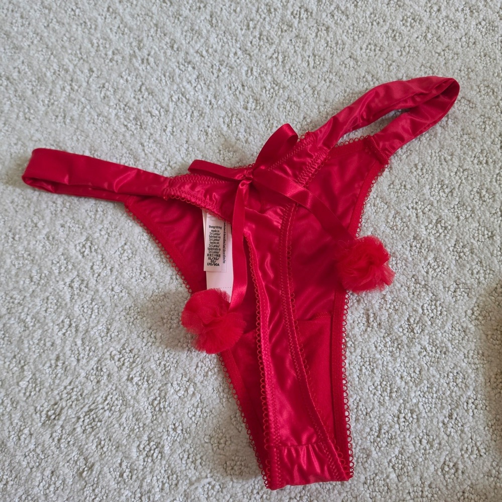 Victoria's Secret Red Satin Pom Pom Bow Thong String Panty size XL NWT